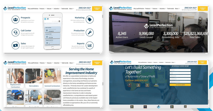 Lead Perfection CRM dashboard and marketing screens